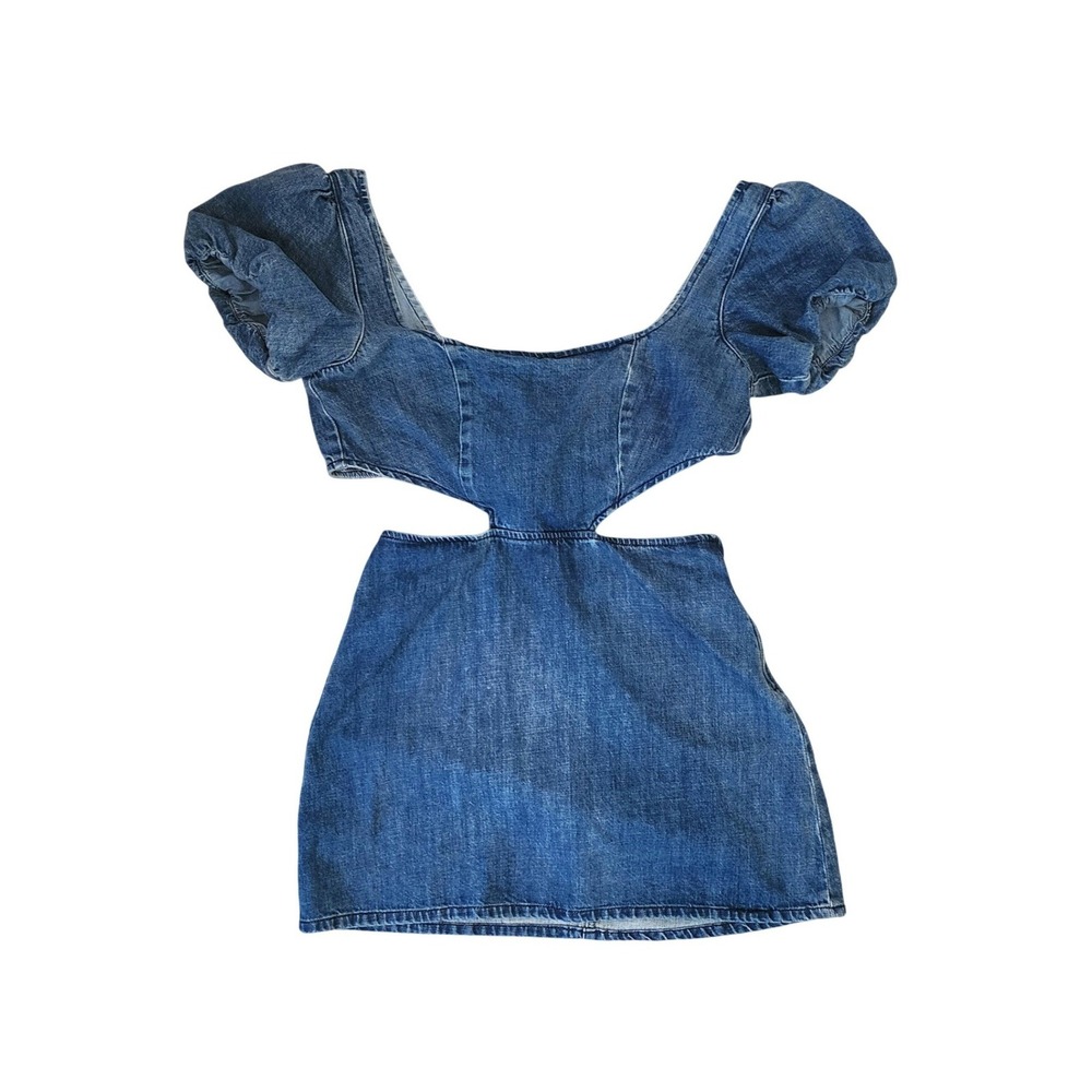 Show Me Your Mumu City Cut Out Mini Denim Dress Puff Sleeve Festival Western, Lg - Picture 1 of 8